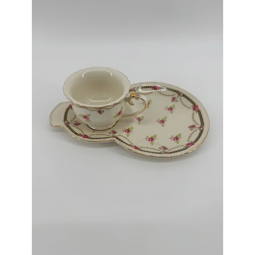 Gracie China Petite Fleur Snack Set Cup and Plate Pink Rose Gold Trim Porcelain